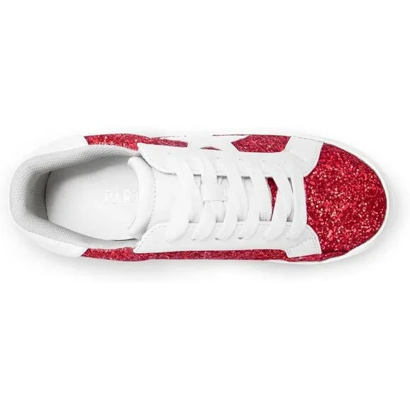 Women's Red Rhinestone Glitter Star Low Top Comfortable Walking Sneakers Shoes - Picture 4 of 6